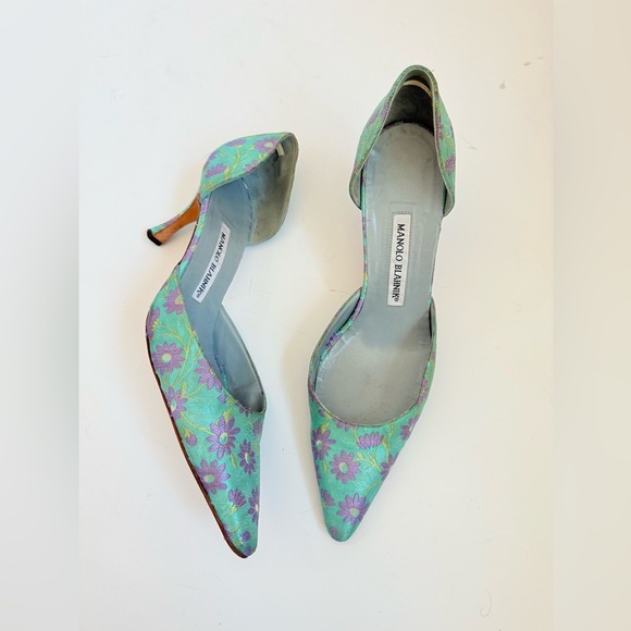 Manolo Blahnik Vintage Aqua Blue Lavender Floral Brocade D’orsay Pumps EU 39.5 - Picture 1 of 7